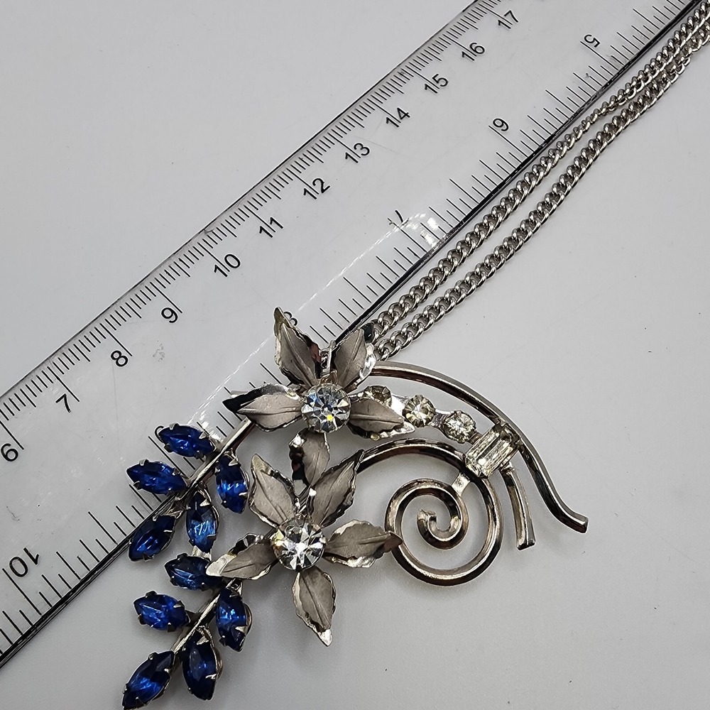 Cobalt Blue Rhinestone Floral Spray Silver Tone Pendant Brooch Retro Statement - Picture 16 of 16